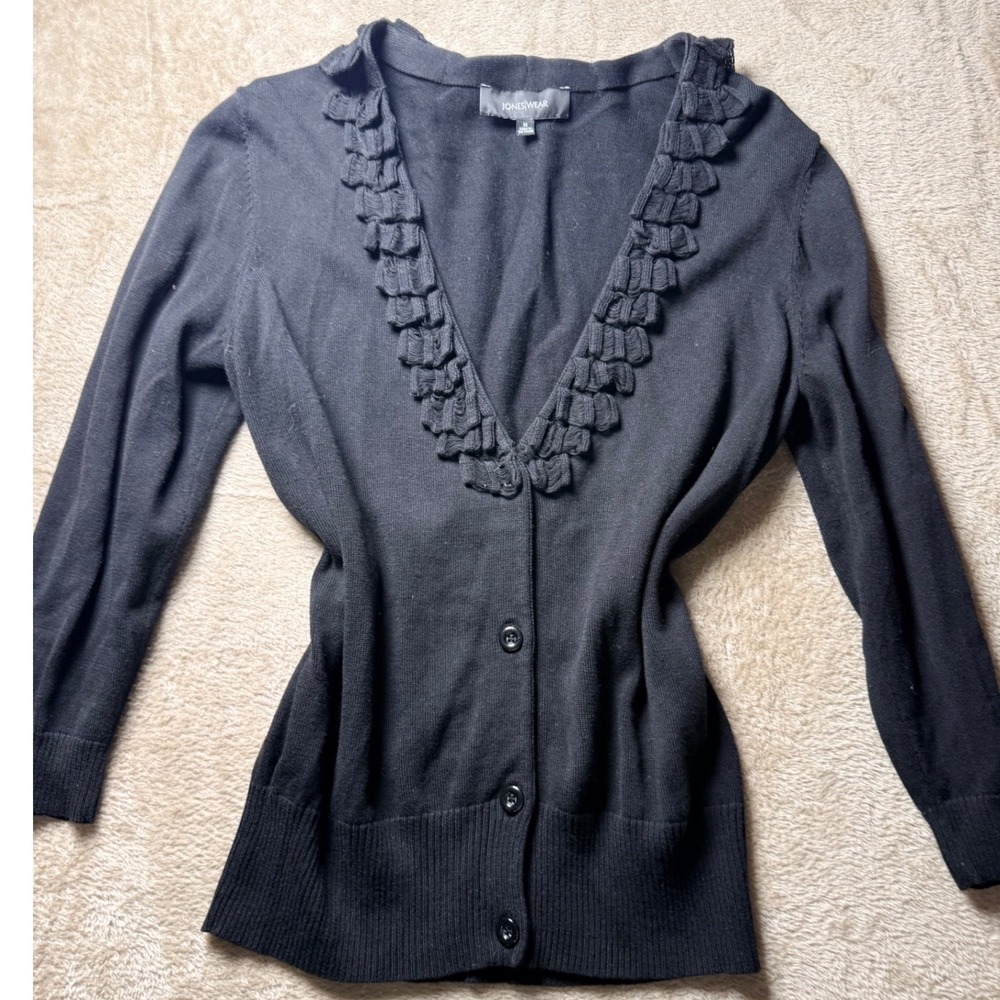 Jonesโ Wear Black Ruffle Button Cardigan Sweater Womens Medium Office Layering